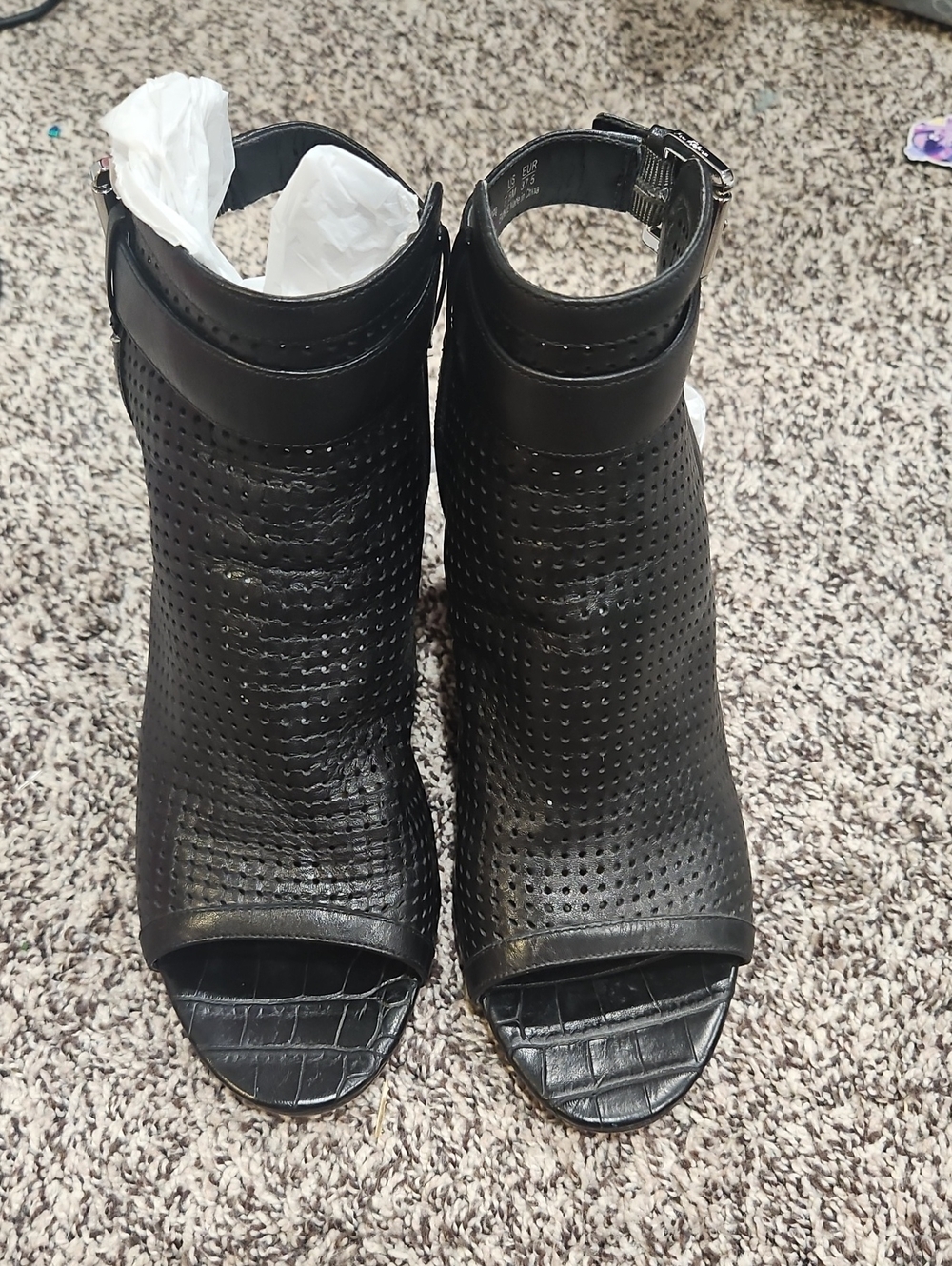 Sam Edelman Black Perforated Peep-Toe Mules with Ankle Strap